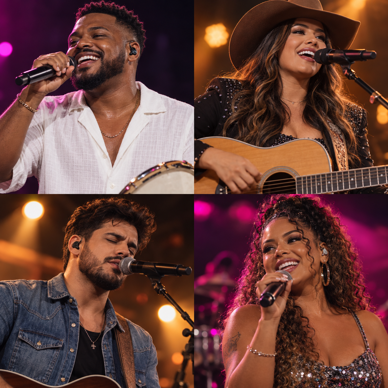 Montagem ilustrativa de artistas de pagode e sertanejo em apresentações